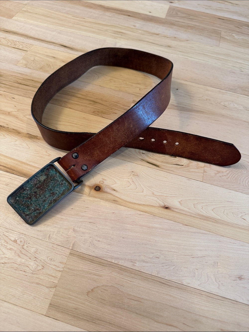 Vintage-brown leather belt-Distressed oxidized green rectangular buckle-Western